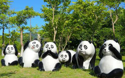 動物園擺放的姿態(tài)各異的玻璃鋼仿真熊貓雕塑
