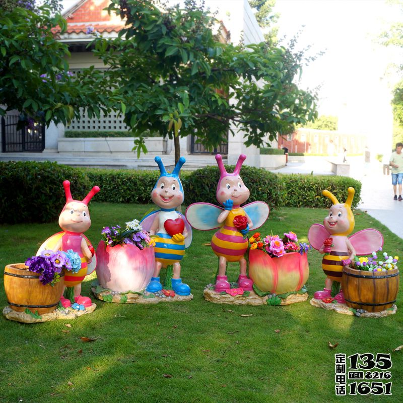 公園小區(qū)玻璃鋼卡通彩繪蜜蜂花盆雕塑